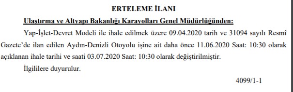 Son Dakika: Aydın Denizli Otoyol İhalesi Ulaştırma Bakanlığı Tarafından Ertelendi!