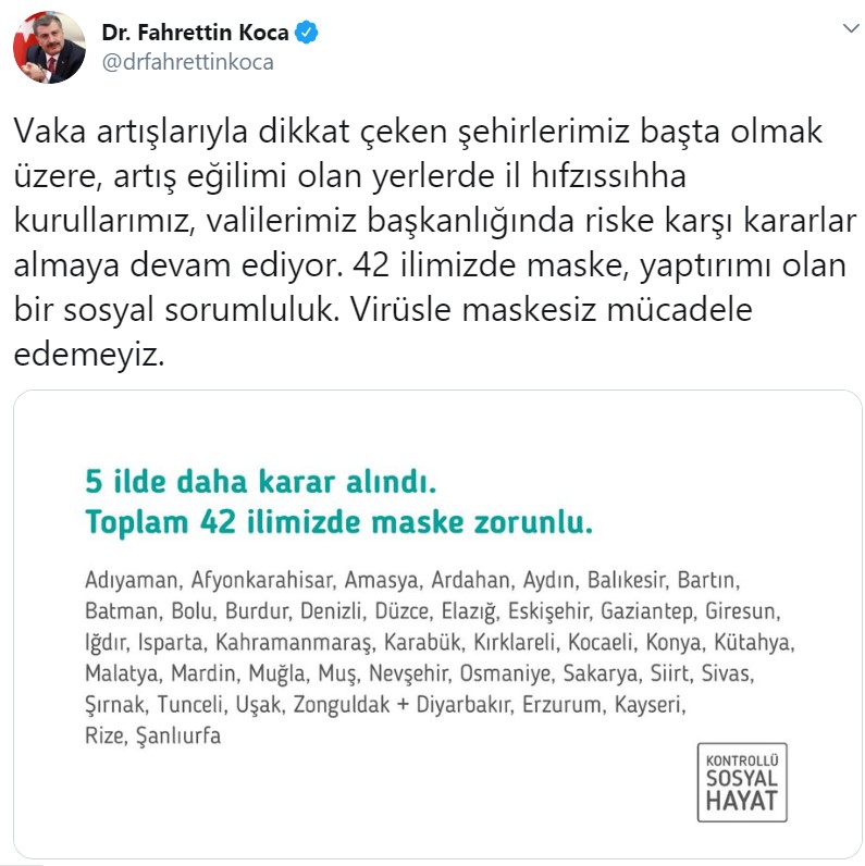 Sağlık Bakanı Fahrettin Koca Duyurdu: 42 İle Maske Takma Zorunluluğu Getirildi! İşte Maskesiz Sokağa Çıkmanın Yasak Olduğu İller Listesi