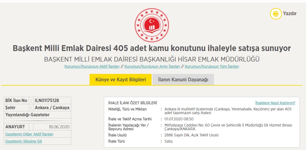 Başkent Milli Emlak Dairesi'den 405 Kamu Konutu için Satış İlanı