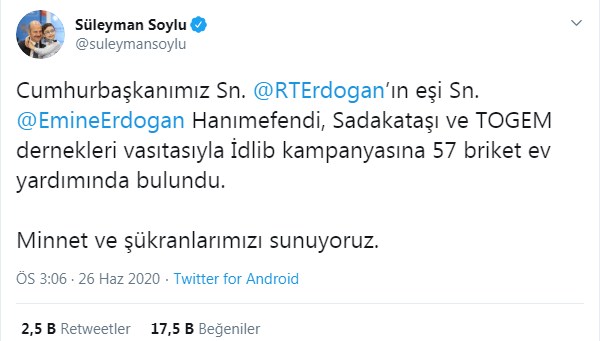 İçişleri Bakanı Süleyman Soylu Duyurdu: Cumhurbaşkanı Erdoğan'ın Eşi Emine Erdoğan İdlib İçin 57 Briket Ev Bağışladı!