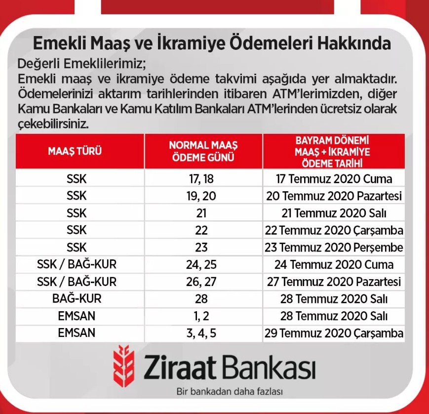 Ziraat Bankası SSK, BAĞKUR, EMSAN Emeklileri İçin Emekli Maaş ve İkramiye Ödeme Tarihleri Açıklandı!