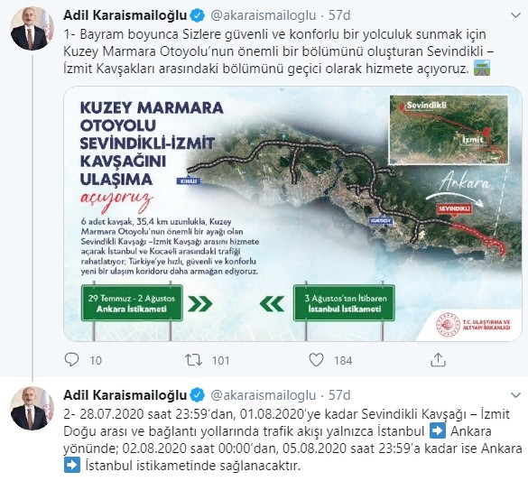 Bayramda Seyahat Edeceklere Güzel Haber! Kuzey Marmara Otoyolu'nun Sevindikli - İzmit Bölümü Geçici Olarak Hizmete Açılıyor