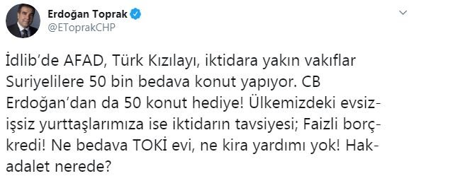 CHP'li Vekilden Suriyelilere 50 Bin Bedava Konut Yapılıyor İddiası