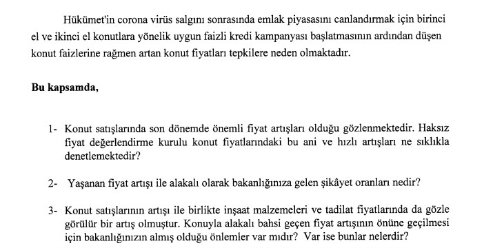 Konut Fiyatlarının Yüksek Oranlarda Artması Çevre Bakanı Kurum'a Soruldu