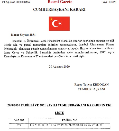 Çevre ve Şehircilik Bakanlığı İstanbul Finans Merkezi Projesi İçin Acele Kamulaştırma Kararı Aldı!