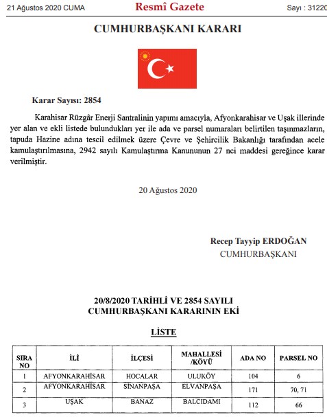 İstanbul, Tekirdağ, Bilecik, Afyon ve Uşak İllerinde Acele Kamulaştırma Kararları Resmi Gazete İle Yayımlandı