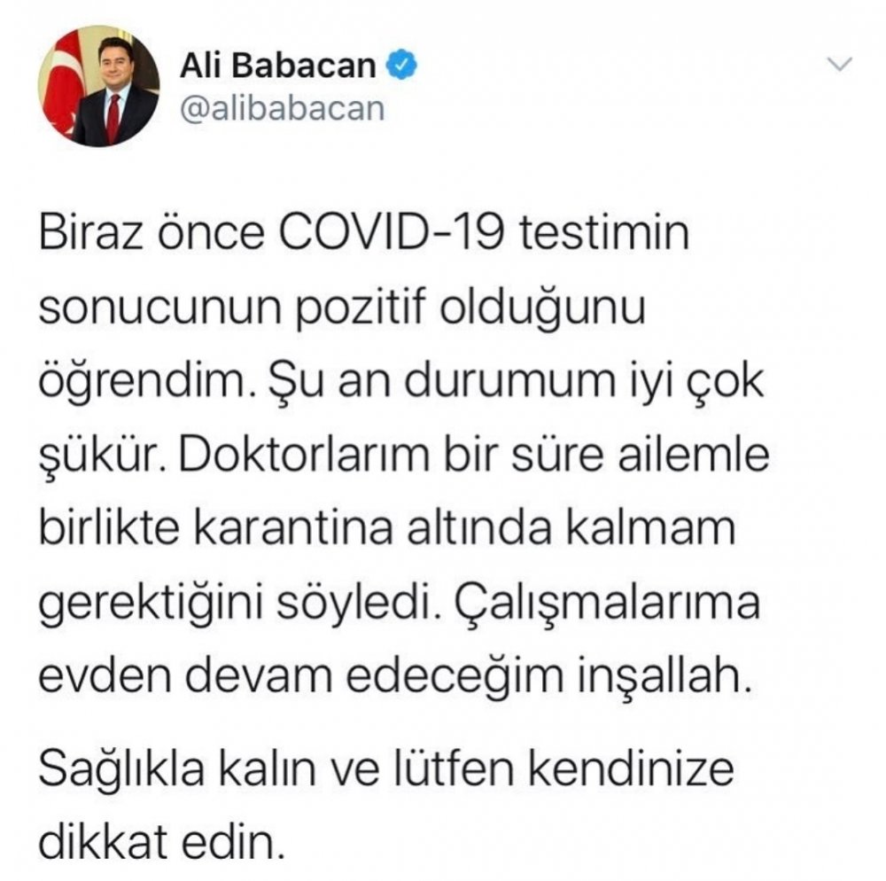 DEVA Partisi Genel Başkanı Ali Babacan Koronavirüse Yakalandığını Açıkladı!