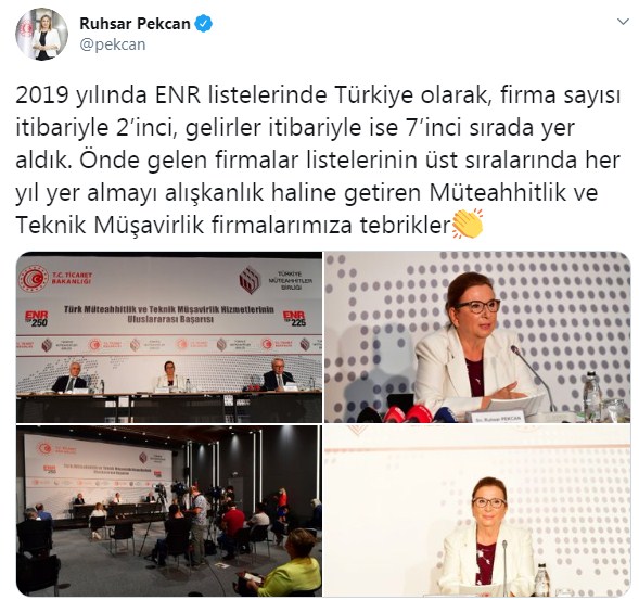 Ticaret Bakanı Pekcan Açıkladı: Dünya Müteahhitler Ligi Sıralamasında Türkiye 2. Sırada!