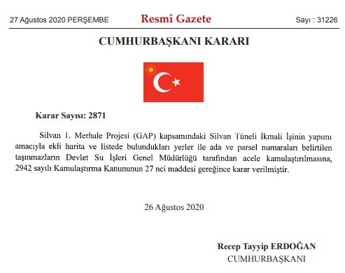 Silvan Tüneli İkmali Projesi İçin DSİ Acele Kamulaştırma Kararı Aldı