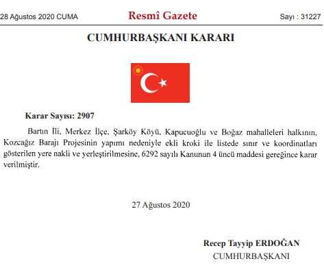 Cumhurbaşkanı Erdoğan İmzaladı! Kozcağız Barajı İnşaatı İçin Kapucuoğlu ve Boğaz Mahalleri Taşınıyor