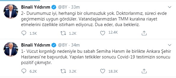 Binali Yıldırım ve Eşi Semiha Yıldırım Koronavirüse Yakalandılar