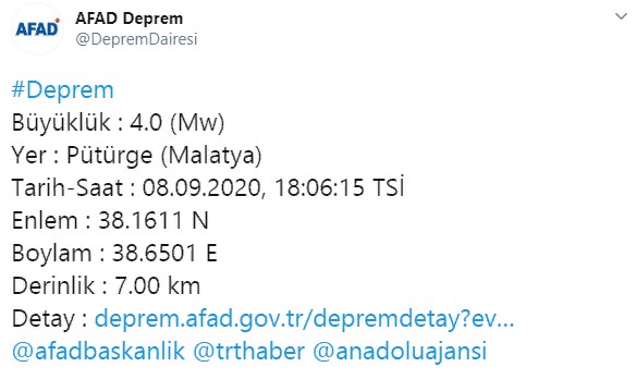 Malatya Pütürge Beşik Gibi Sallanıyor! Gün Boyu 7 Defa Sallanan Malatya'da Akşam Saatlerinde Yine Deprem Oldu