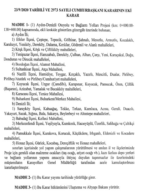 Aydın - Denizli Otoyolu, TOGG Fabrikası ile Malatya ve Kuzey Çevre Yolu Projeleri İçin Karayolları Genel Müdürlüğü Acele Kamulaştırma Kararı Aldı!