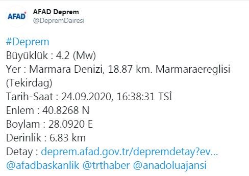 SON DAKİKA: Marmara Denizinde İstanbul'da Da Hissedilen Deprem Meydana Geldi