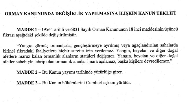 Orman Yangınları Sonucu Oluşan Arazilerin İmara Açılmaması için Kanun Teklifi