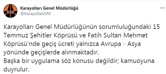 Köprülere Çift Yönlü Tarif Ek Ücret Uygulanacağına İlişkin Karayolları'ndan Açıklama Geldi