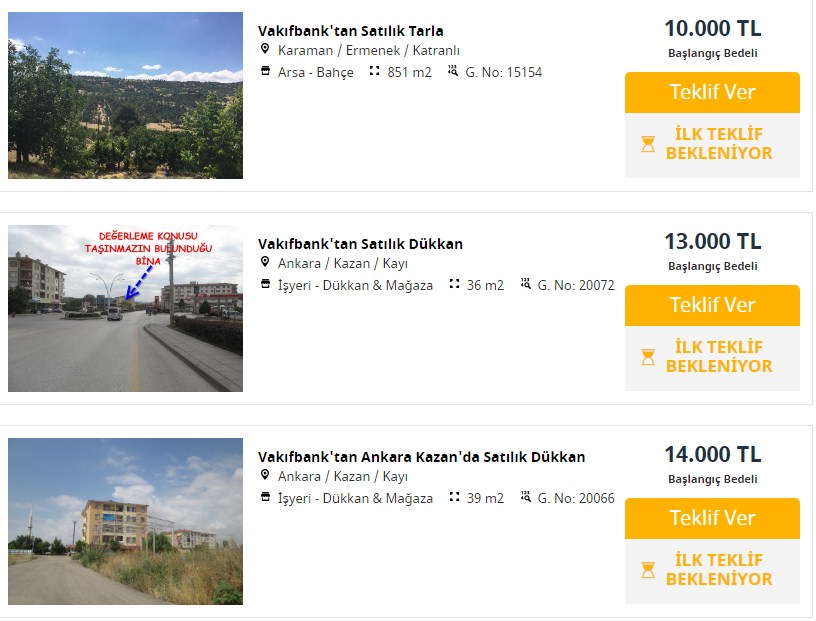 Vakıfbank 180 Ay Vadeli Konut Kredisi Desteği İle Satılık Banka Gayrimenkulü İlanları: 33 Bin Lira Daire, 13 Bin TL Dükkan ve İşyeri ve 10 Bin TL Arsa