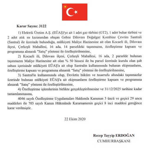 Özelleştirme Kararları Resmi Gazetede! Gebze Dilovası Doğalgaz Kombine Çevrim Santrali, Türkiye Şeker Fabrikaları, Ahiköy HES Özelleştirilecek