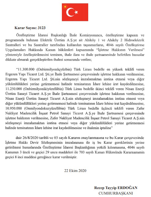 Özelleştirme Kararları Resmi Gazetede! Gebze Dilovası Doğalgaz Kombine Çevrim Santrali, Türkiye Şeker Fabrikaları, Ahiköy HES Özelleştirilecek