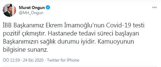 Son Dakika: İstanbul Büyükşehir Belediye Başkanı Ekrem İmamoğlu Koronavirüse Yakalandı!