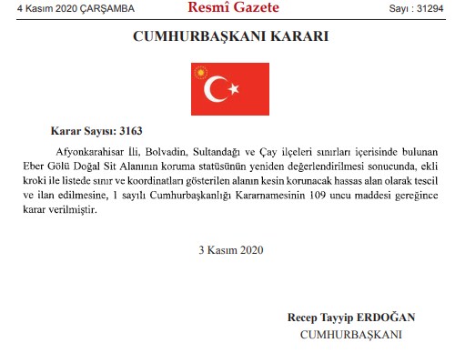 Afyon Eber Gölü, Erzincan Otlukbeli Gölü ve Bayburt Kızıltepe Uluçayır Fosil Alanı Kesin Korunacak Hassas Alan İlan Edildi!