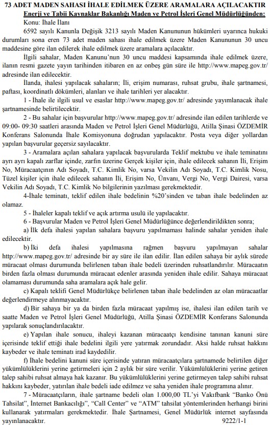 Resmi Gazete'de Yayımlandı! Enerji ve Tabi Kaynaklar Bakanlığı 73 Maden Sahası İhalesi İçin İlan Verdi