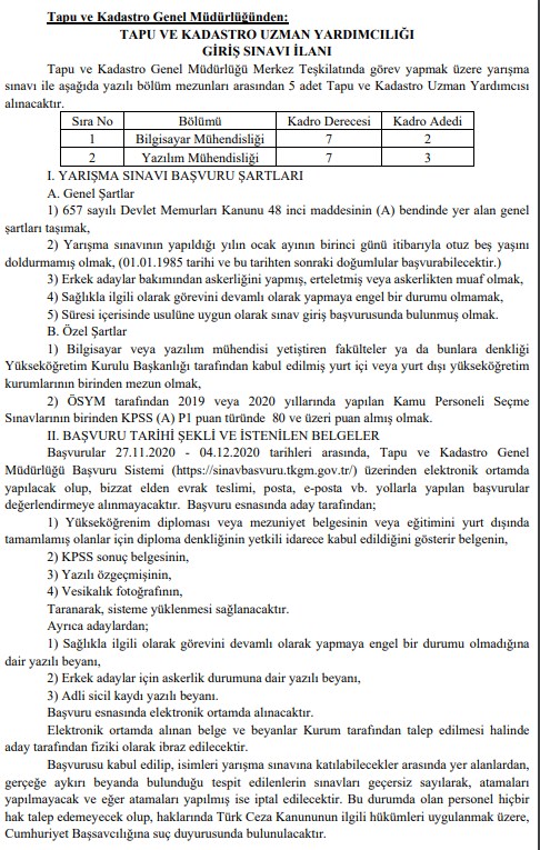 Tapu ve Kadastro Genel Müdürlüğü TKGM Personel Alım İlanı Resmi Gazete'de Yayımlandı! Uzman Yardımcısı Sınav İlanı 2020