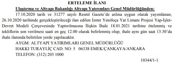 Ulaştırma ve Altyapı Bakanlığı İzmir Yeni Foça Yat Limanı Projesi İhalesini Erteledi!