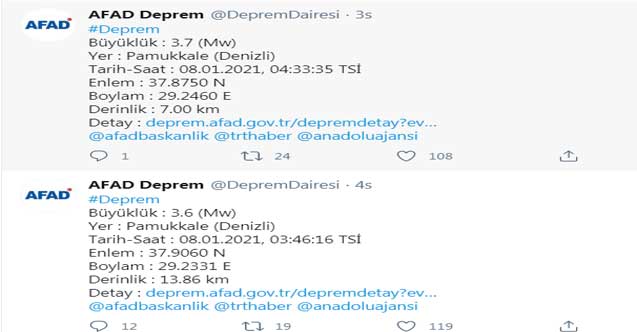 Denizli'de Peş Peşe Depremler:1 Saat İçinde 3 Deprem Oldu!