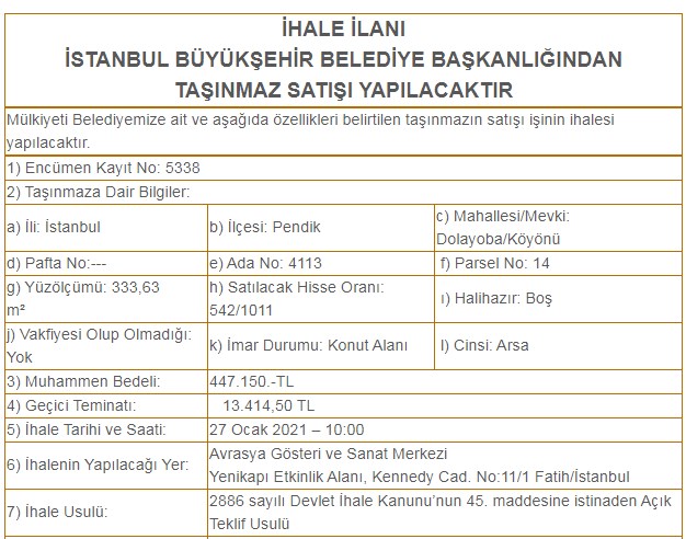 İBB'den Pendik'te 447 Bin TL Muhammen Bedelle 333 Metrekare Arsa Satışı