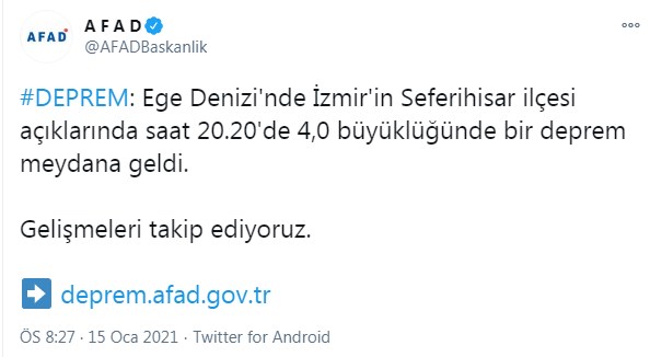 Son Dakika Deprem Haberi! İzmir'de Akşam Saatlerinde 4.0 Şiddetinde Deprem