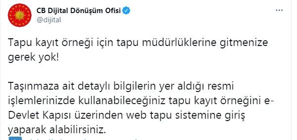 Tapu ve Kadastro Müdürlüklerine Gitmeden e-Devlet'ten Tapu Kayıt Örneği