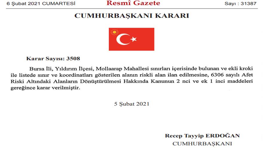 Bursa Yıldırım Mollaarap Mahallesi Riskli Alan İlan Edildi!