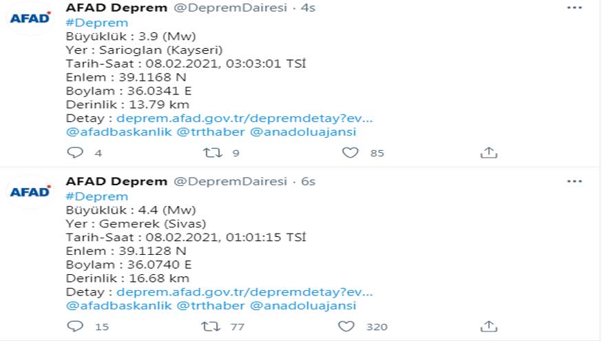 Son Dakika! AFAD Duyurdu, Sivas ve Kayseri'de Art Arda Korkutan Depremler