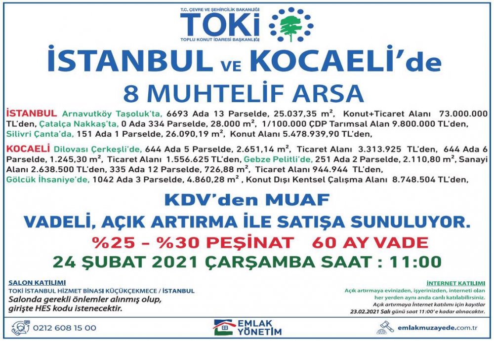 TOKİ'den İstanbul ve Kocaeli'de KDV'siz, 60 Ay Vadeyle Arsa Satışı