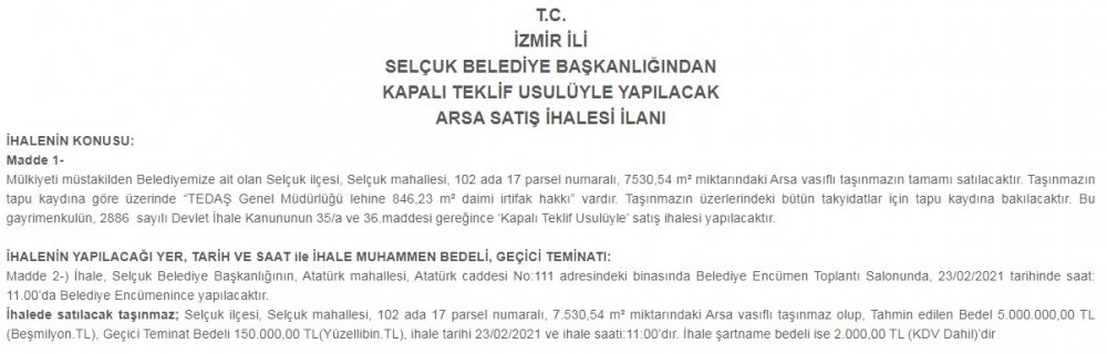 İzmir'de Belediye Başkanlığından 7530 Metrekare Arsa Satışa Çıkarıldı