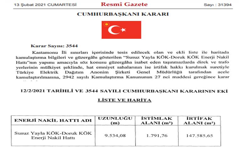 Özgüven HES ve Susuz Yayla Doruk KÖK Enerji Nakil Hattı İçin Acele Kamulaştırma Kararı!