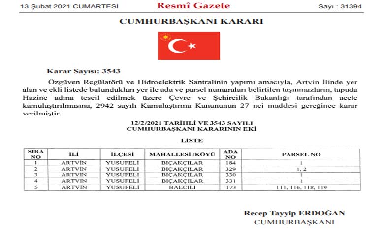 Özgüven HES ve Susuz Yayla Doruk KÖK Enerji Nakil Hattı İçin Acele Kamulaştırma Kararı!