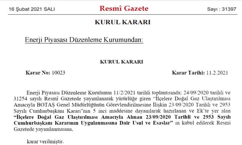 BOTAŞ Tarafından İlçelere Doğalgaz Ulaştırılması Hakkında Usul ve Esaslar Yayımlandı!