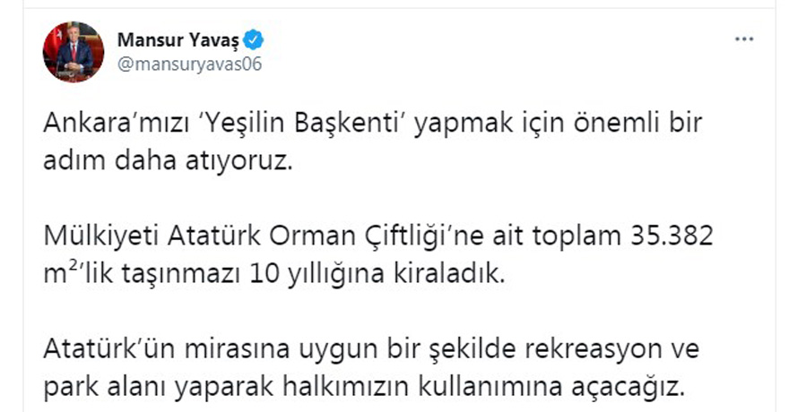 Mansur Yavaş Duyurdu! Atatürk Orman Çiftliği’ne Ait Alan Kiralandı, Yeşil Alan Yapılacak