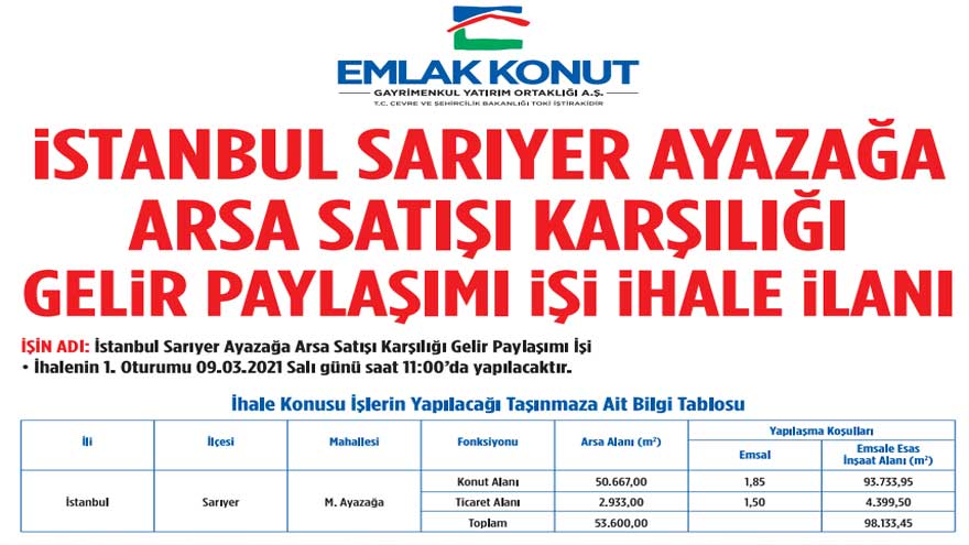 Ayazağa Arsası İçin Emlak Konut İhale İlanı Yayımladı!