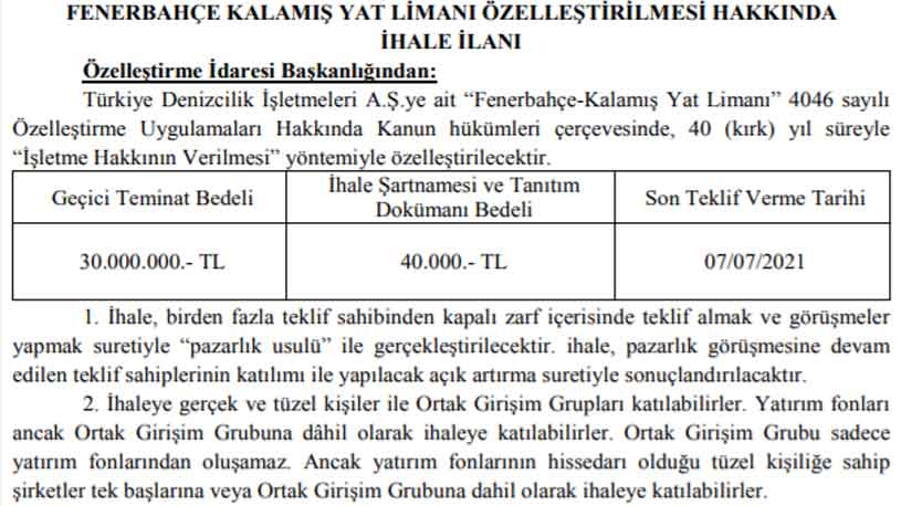 Son Dakika: Fenerbahçe Kalamış Yat Limanı Özelleştirme İhale İlanı Yayımlandı!