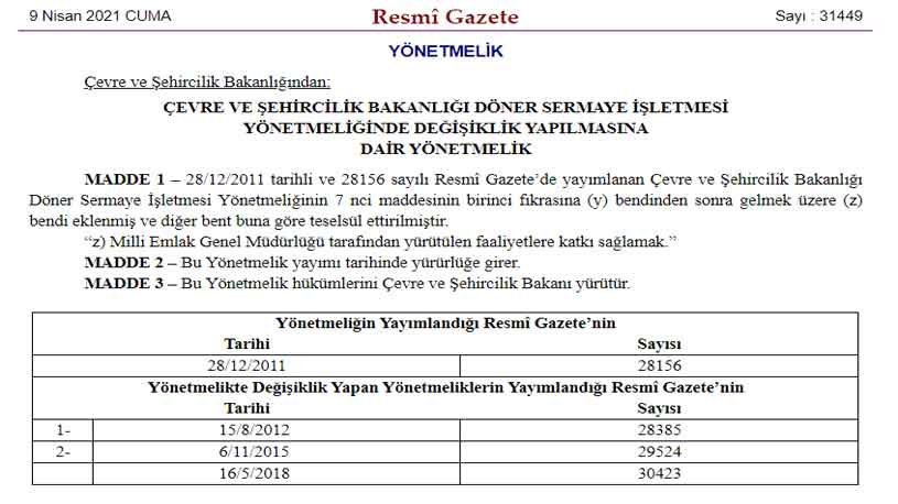 Çevre ve Şehircilik Bakanlığı Döner Sermaye İşletmesi Yönetmeliği Değişti