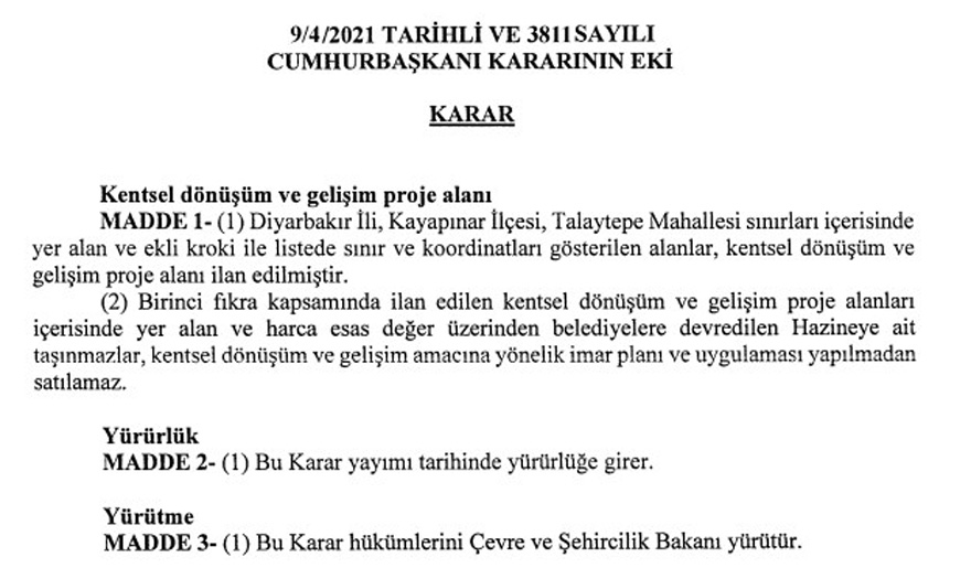 Resmi Gazete Kararı! Diyarbakır Kayapınar Talaytepe Mahallesi Kentsel Dönüşüm Alanı İlan Edildi