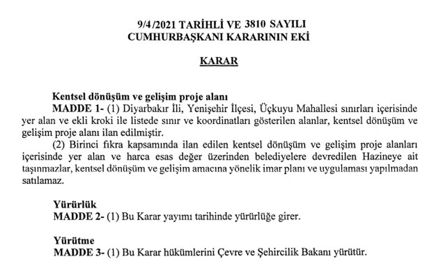 Diyarbakır Yenişehir Üçkuyu Mahallesi Resmi Gazete Kararıyla Kentsel Dönüşüm Proje Alanı İlan Edildi