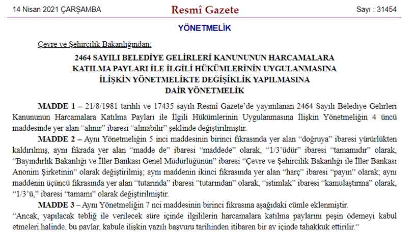 2464 Sayılı Belediye Gelirleri Kanunu Kapsamında Yol Harcamalarına Katılma Asfalt Katılım Payı Değişti