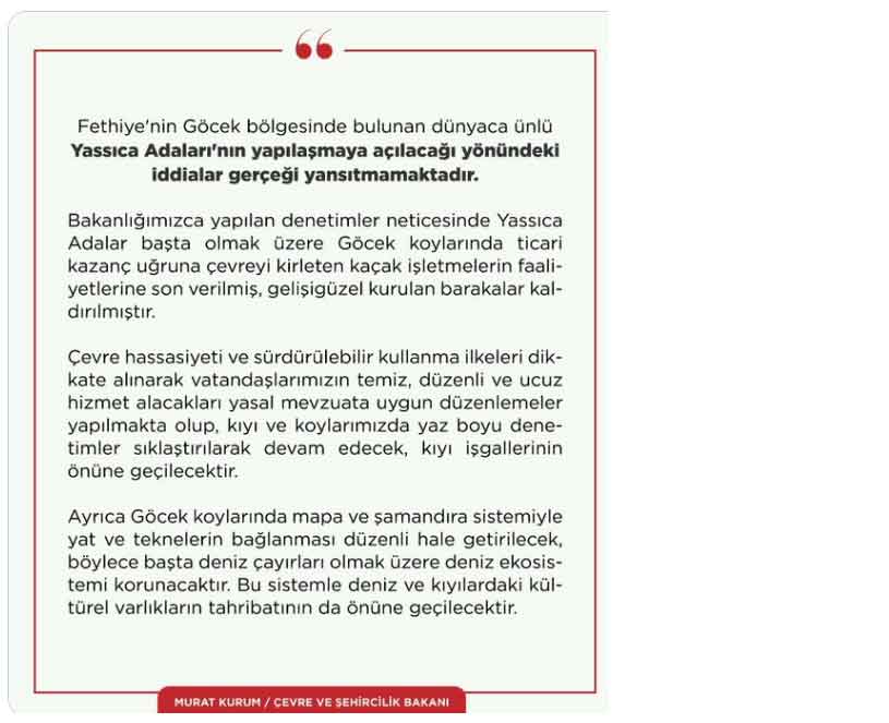 Fethiye Göcek Yassıca Adalar İmara Açılıyor İddialarına Bakan Kurum Yanıt Verdi