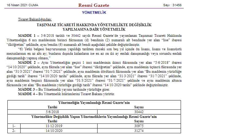 Taşınmaz Ticareti Hakkında Yönetmelik Değişikliği Resmi Gazete'de! Emlak Yetki Belgesi İçin İlkokul Ayarı Geldi