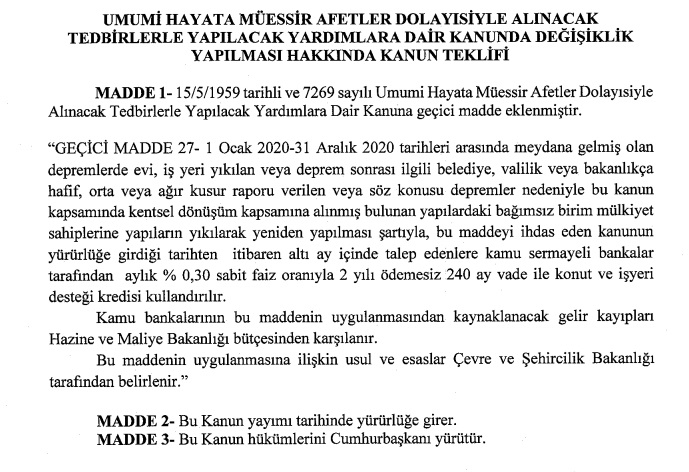 240 Ay Vadeli, Yüzde 0,30 Faizli, 2 Yıl Geri Ödemesiz Konut Desteği Kredisi Teklifi TBMM'de