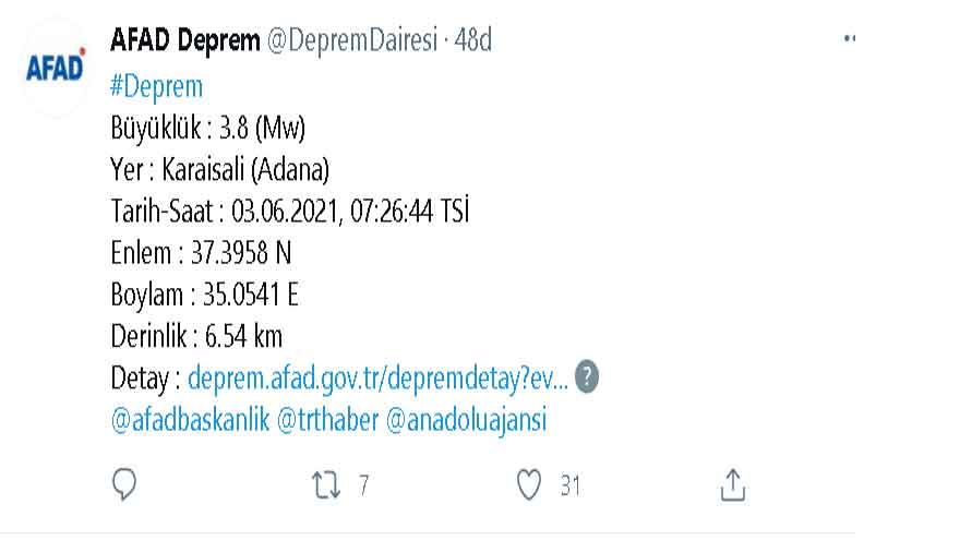 AFAD Kandilli Deprem Son Dakika 2021: Karaisalı Adana'da Deprem Mi Oldu?